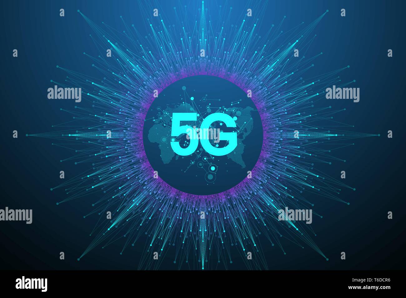 5G di rete sistemi wireless e internet illustrazione vettoriale. Rete di comunicazione. Il concetto di Business banner. Intelligenza artificiale e macchina Illustrazione Vettoriale