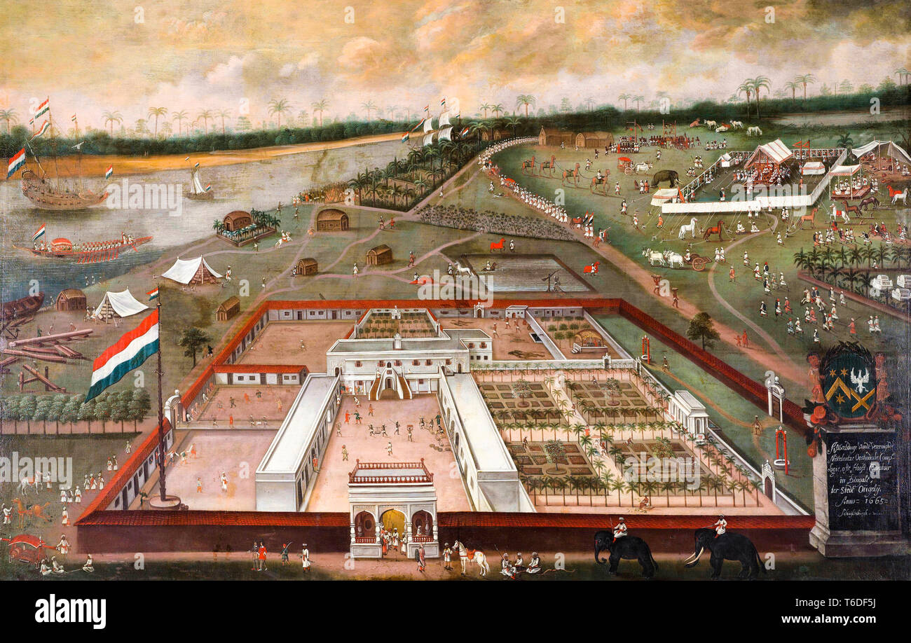 Il Trading Post del Dutch East India Company (VOC) in Hooghly, Bengala, India da Hendrik van Schuylenburgh, 1665 Foto Stock