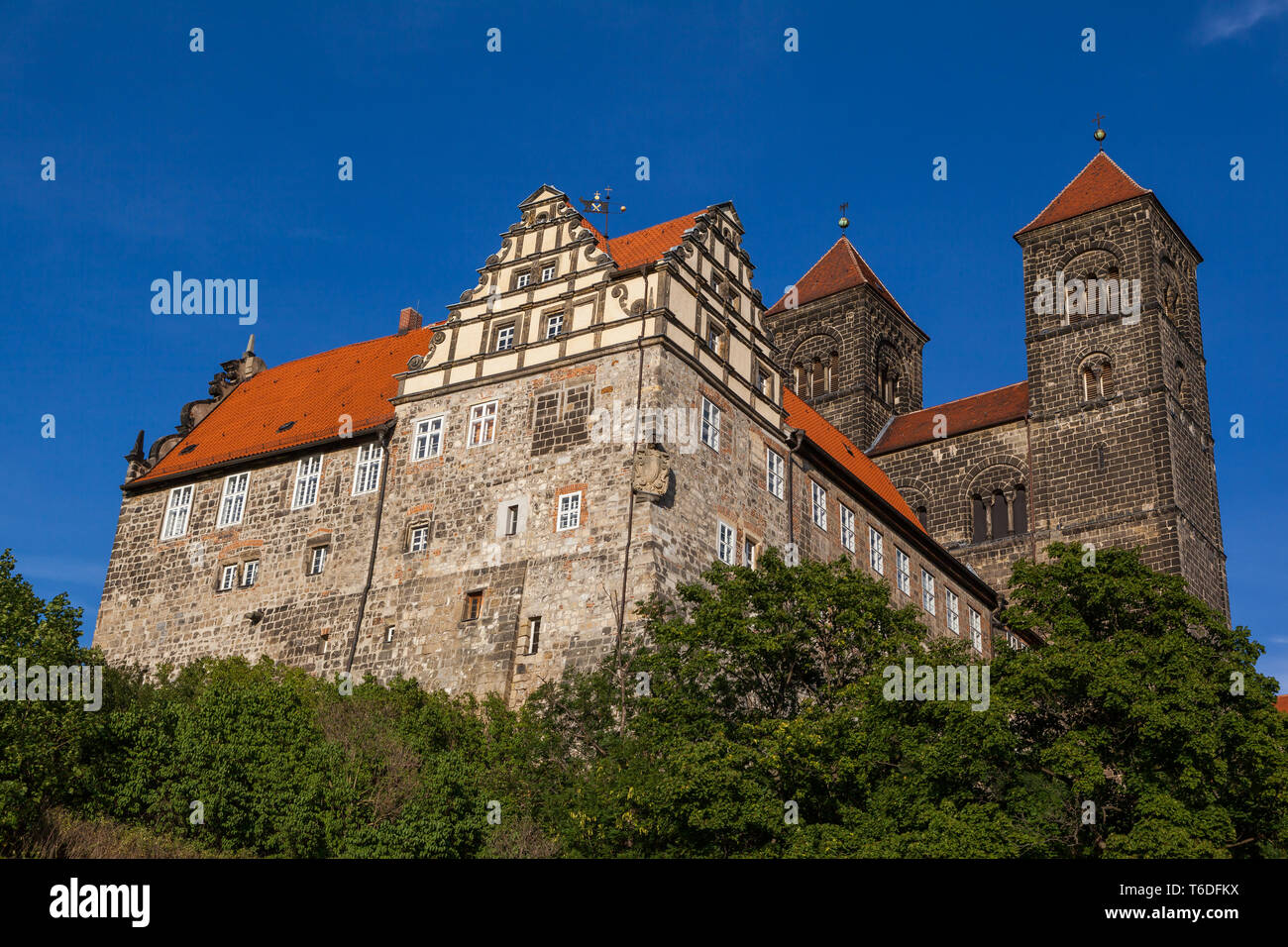 Patrimonio Mondiale UNESCO Città Quedlinburg, Montagne Harz, Sassonia-Anhalt, Germania Foto Stock