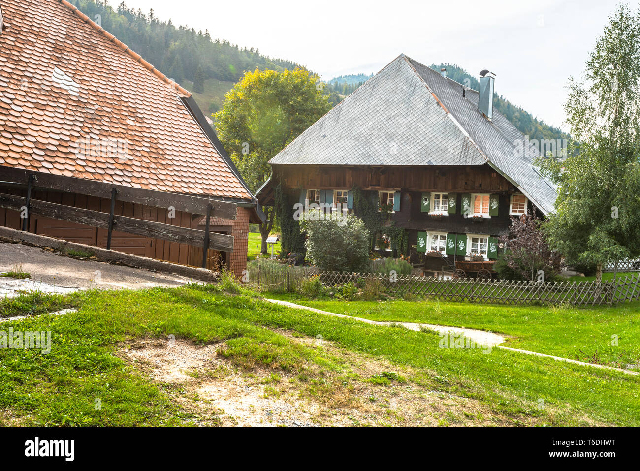 Tipica casa nella Foresta Nera con tetto hipped e paesaggio, villaggio Menzenschwand, Germania, architettura tradizionale dell'Alta Foresta Nera Foto Stock