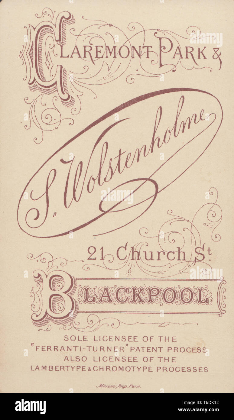 Pubblicità vittoriano CDV (Carte De visite) che mostra l'illustrazione e la calligrafia da S.Wolstenholme, Claremont Park e 21 Church Street, Blackpool, Lancashire Foto Stock