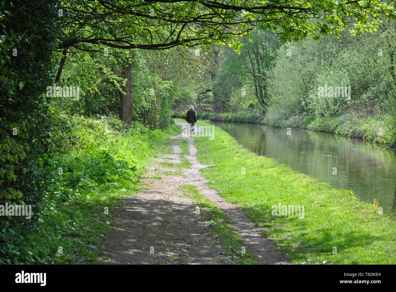 Un uomo prende una passeggiata lungo un canale alzaia nella campagna del Regno Unito Foto Stock