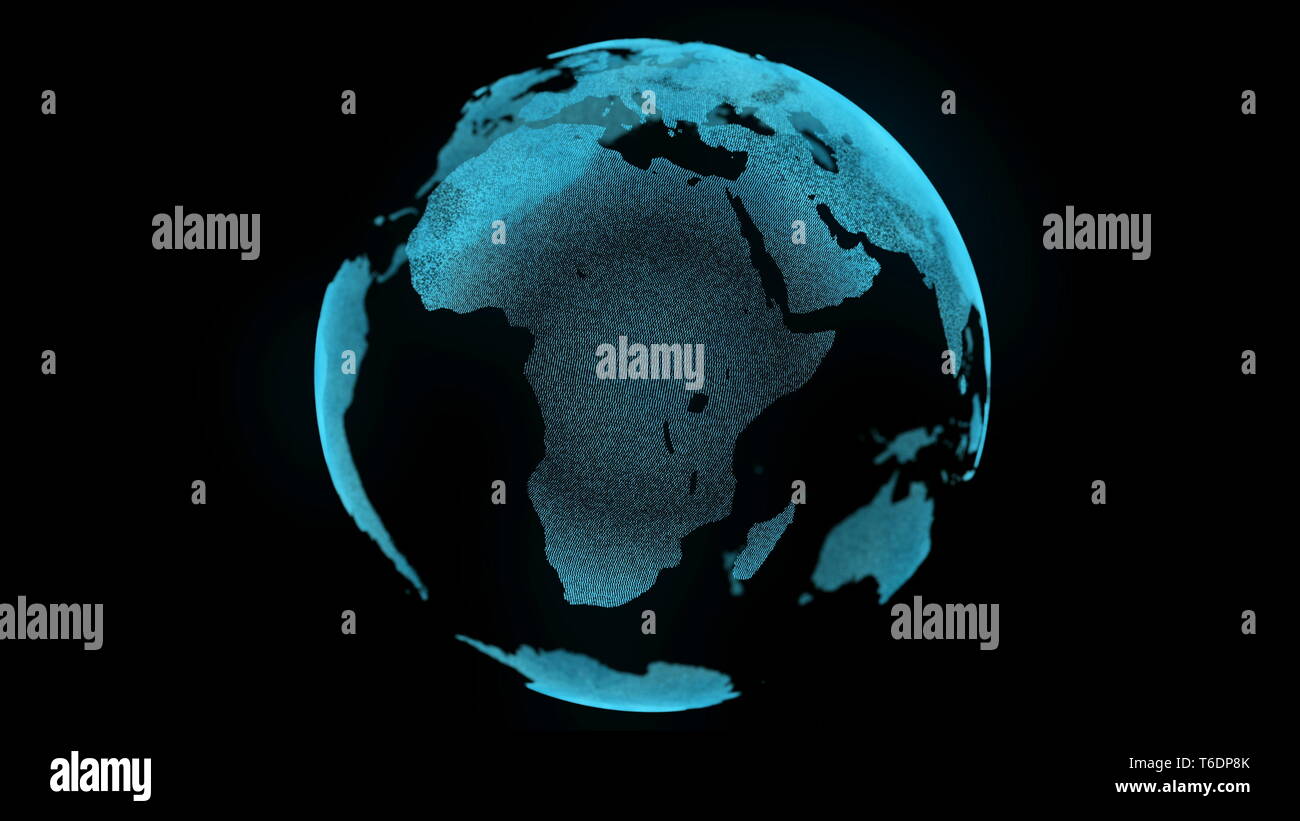 Messa a terra digitale del movimento dello zoom della mappa nel concetto di business. Spin pianeta paesaggio Close up Global sfondo nero, la tecnologia del futuro. Scienza universo di viaggio il concetto di esplorazione di animazione 3D Foto Stock