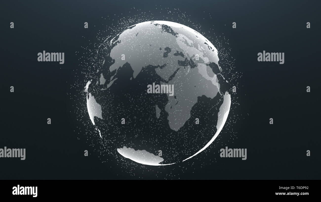 Pianeta Terra di rotazione delle particelle sfondo globale. In tutto il mondo universo sfera Mappa moto concetto di business. Globo cosmico scenario Deep Outer Space Exploration Concetto di viaggio animazione 3D Foto Stock