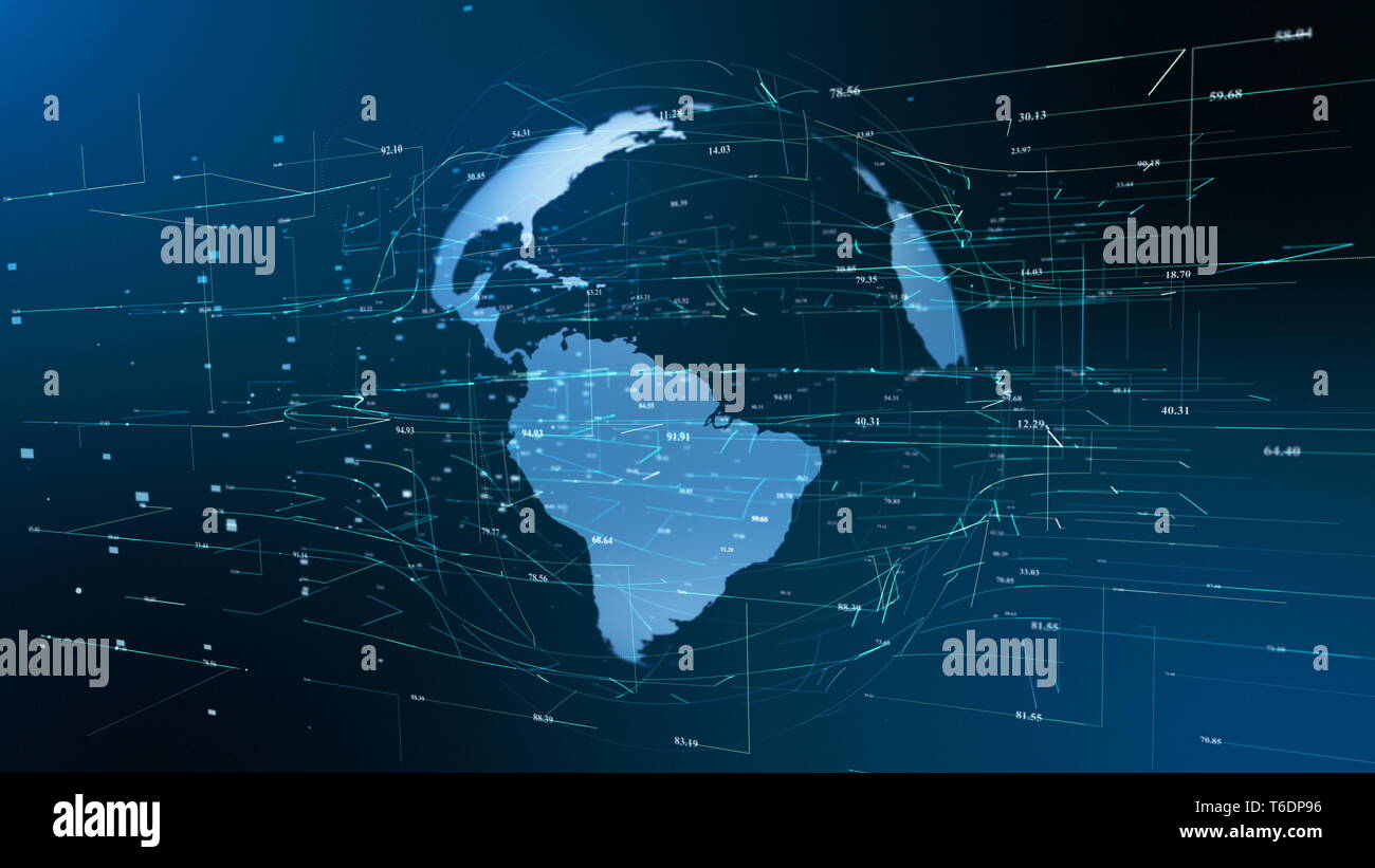 Messa a terra del movimento delle particelle Global Business concetto. Ologramma digitale ciberspazio futuristico emettono i punti della griglia di rete. Shine pianeta paesaggio Mappa continenti superficie Loop Abstact Animazione 3D Foto Stock