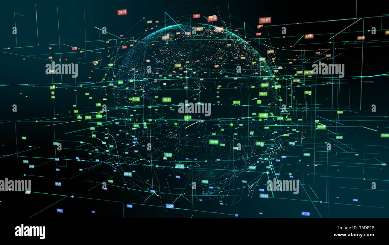 Il Pianeta Terra il cyberspazio particella moto astratta. Digital continenti ologramma volare colorati punti mondo dati mappa di rete. Planet rotazione Outer Space Exploration Concetto aziendale animazione 3D Foto Stock