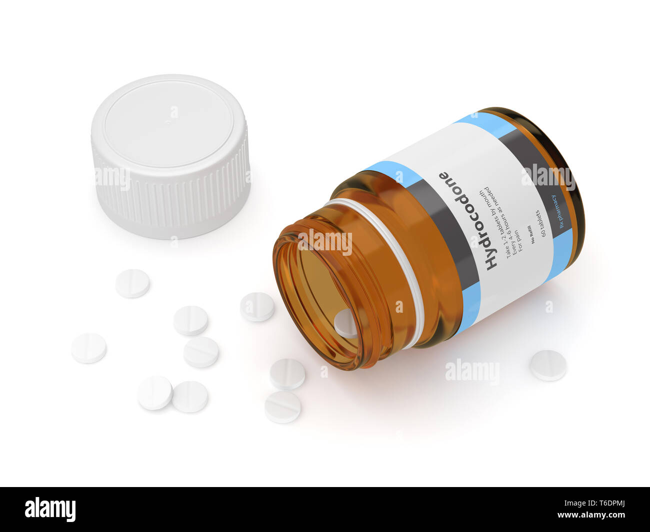 3D render di idrocodone bottiglia con le pillole. Analgesico composto chimico organico concetto. Foto Stock