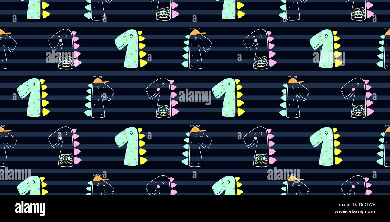Carino dinoasaur doodle style seamless pattern. Disegnato a mano modello baby per abiti stoffe e carta da parati. Illustrazione Vettoriale