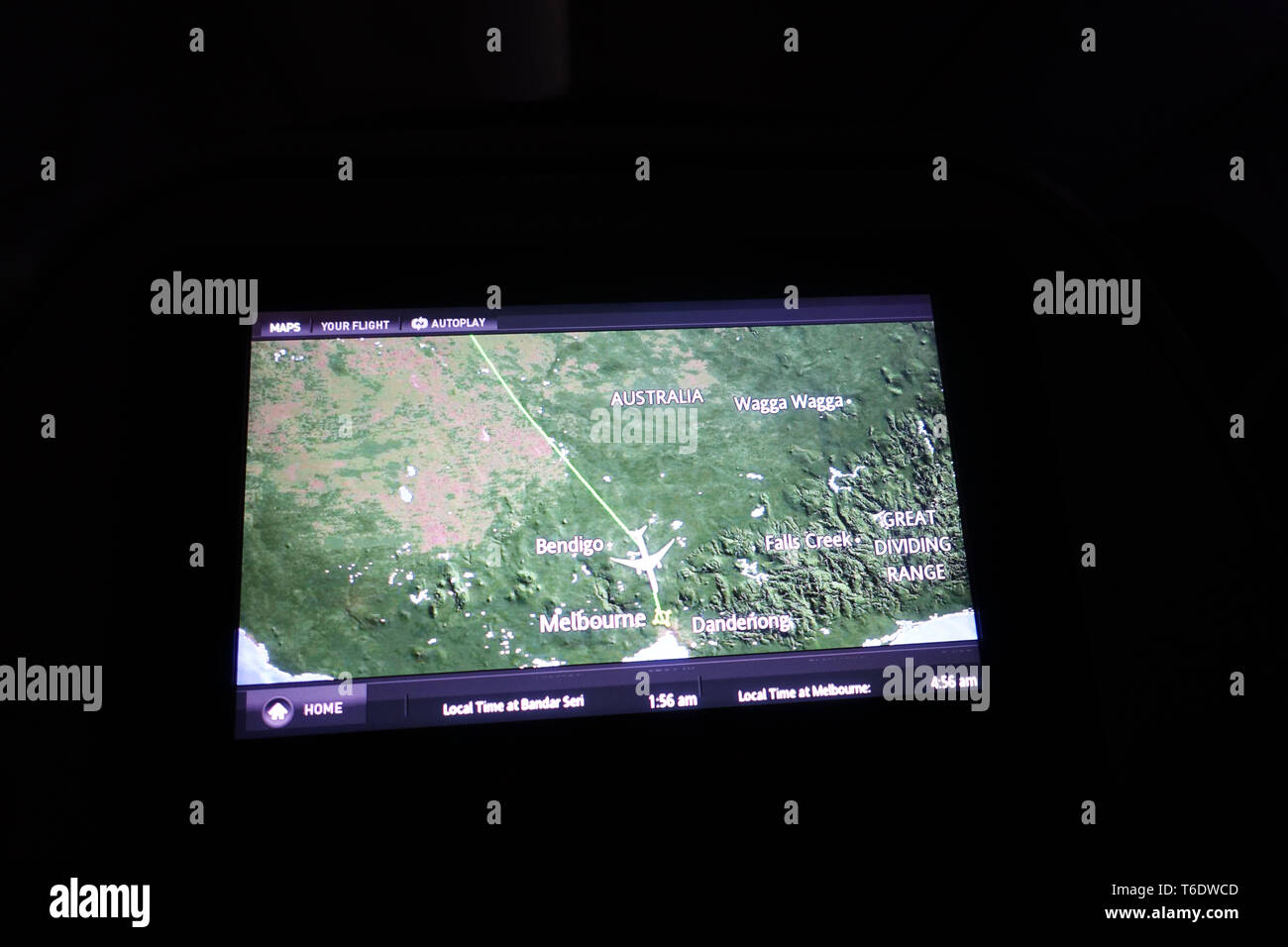 Volo mappa visualizzata sullo schermo che mostra la posizione degli aeromobili in arrivo a Melbourne in Australia Foto Stock