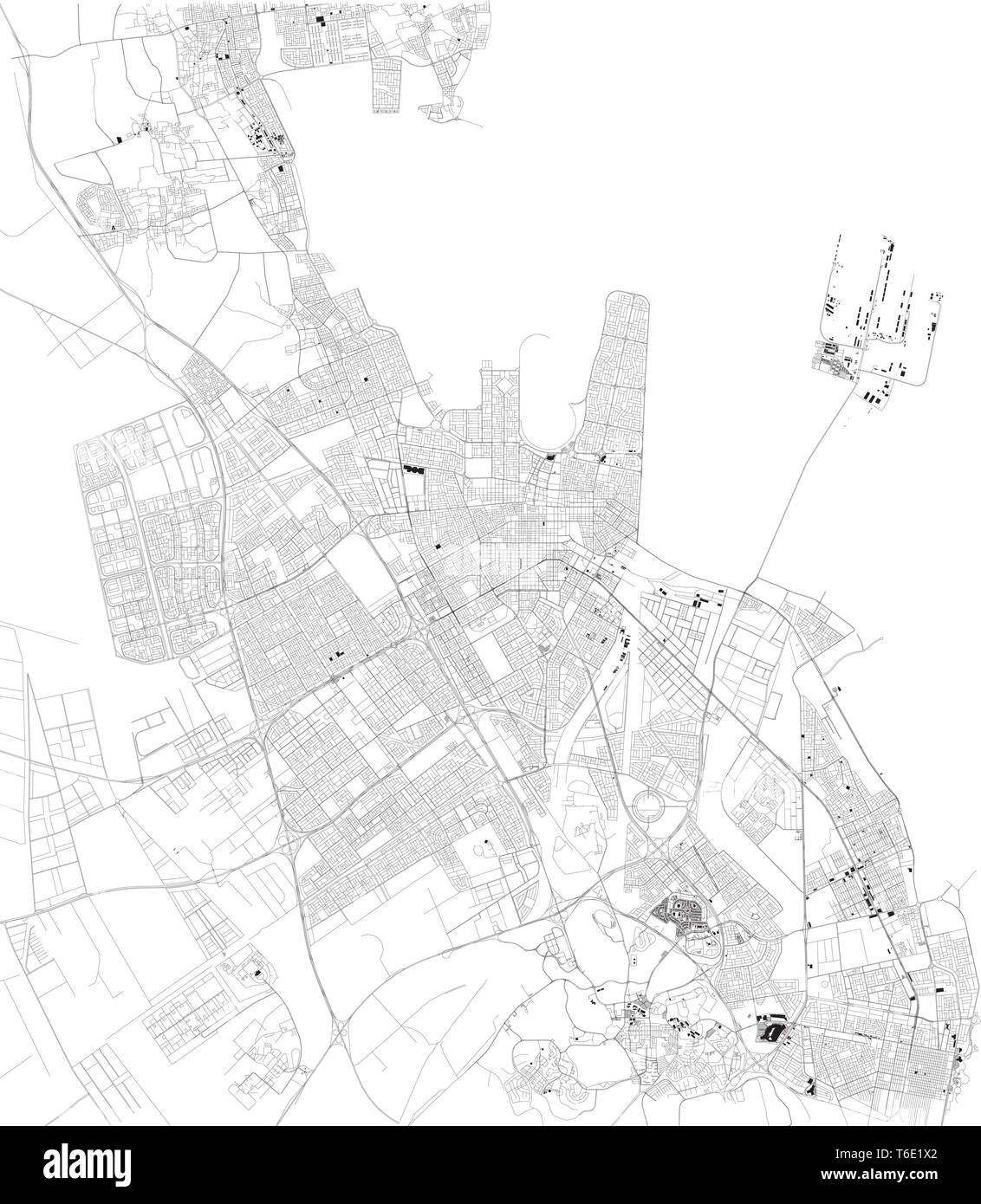 Mappa satellitare di Dammam. È la capitale della provincia orientale dell'Arabia Saudita. Mappa di strade e di edifici del centro storico. Asia Illustrazione Vettoriale