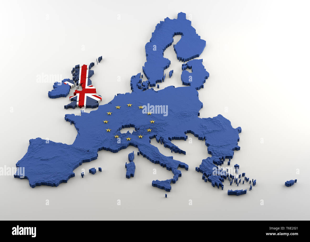 Estruso Mappa politica dell Unione europea e Regno Unito con sollievo dopo aver anticipato Brexit. Texture realizzata in Unione Jack e bandiera UE (con oro Foto Stock