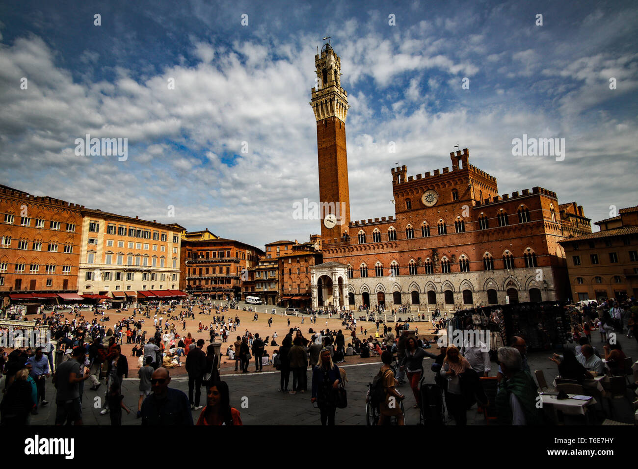 Piazza del campo con la torre del Mangia, Siena, Italia, Toscana, in provincia di Siena Foto Stock