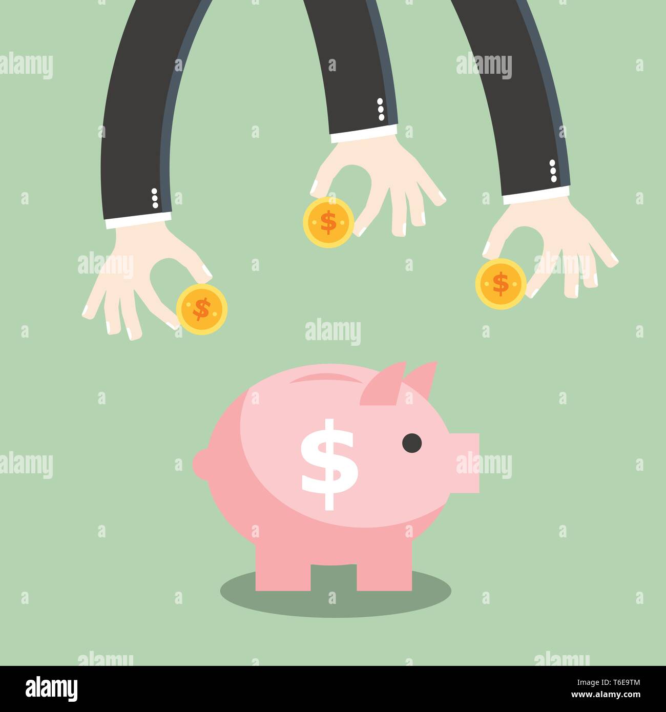 Business mani inserire il denaro e la moneta nel salvadanaio. Risparmio e investimenti di denaro. Illustrazione Vettoriale