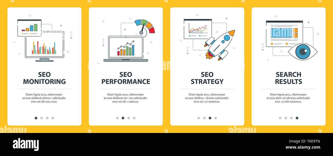 Ottimizzazione per i motori di ricerca internet banner. Set di vettore di banner con il monitoraggio di SEO SEO, prestazioni, strategia SEO e risultati della ricerca sito web templa Illustrazione Vettoriale