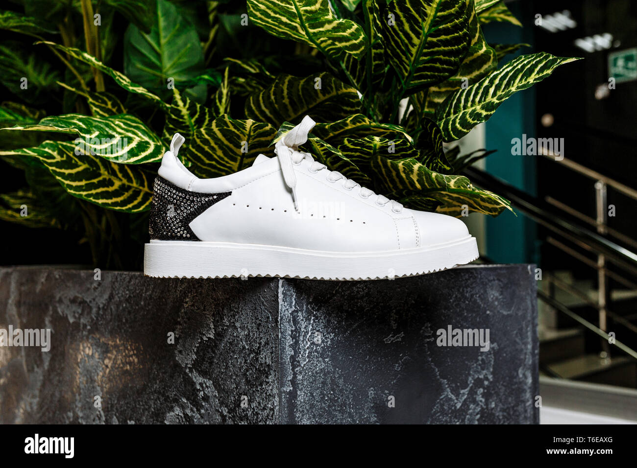Bianco elegante sneaker con un ornamento stella fatta di pietre strass sullo sfondo contro il motley foglie della pianta Foto Stock