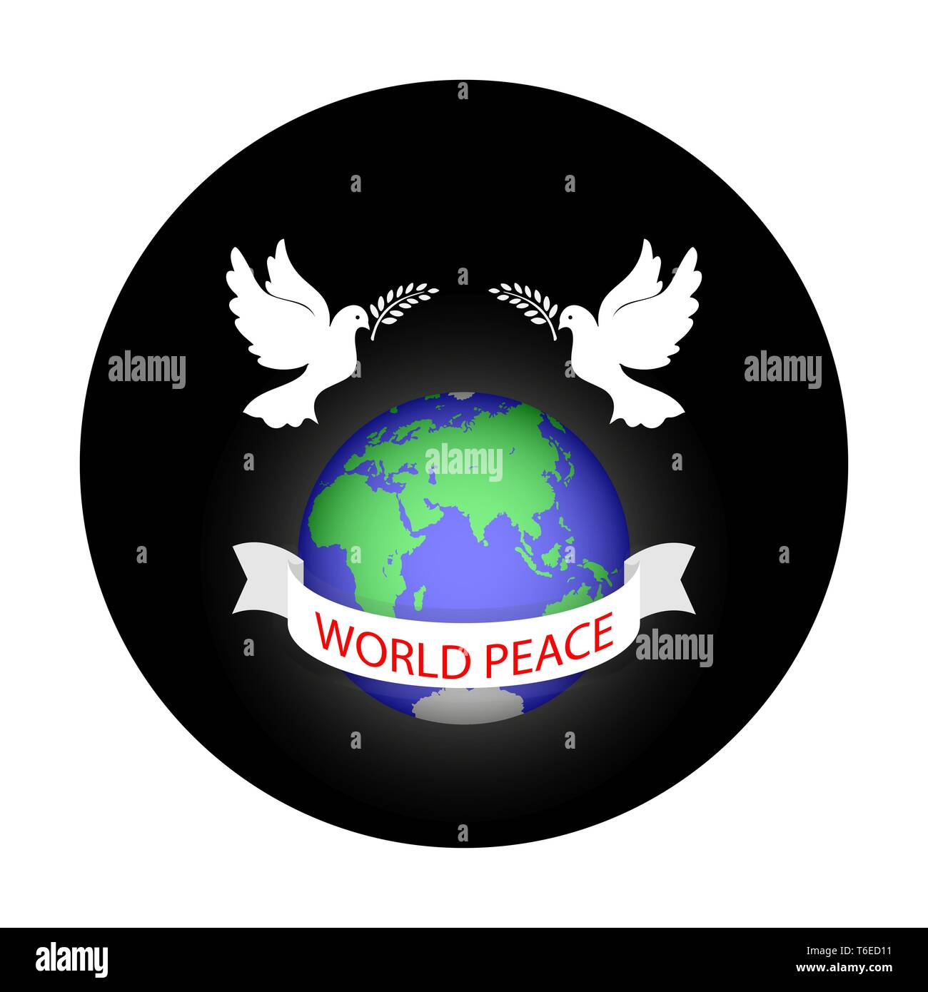 Globo con piccioni e olive branch con l'iscrizione della pace mondiale sul nastro sullo sfondo di un cerchio nero per la progettazione e la decorazione. Illustrazione Vettoriale