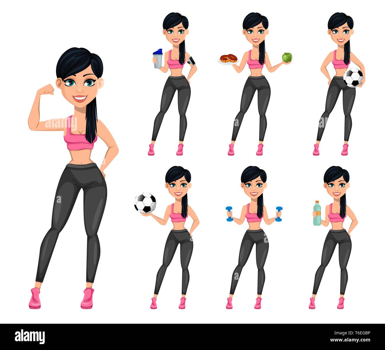 Abbastanza sportivo da donna attraente donna fitness, set di sette pone. Allegro personaggio dei fumetti. Illustrazione Vettoriale su sfondo bianco Illustrazione Vettoriale