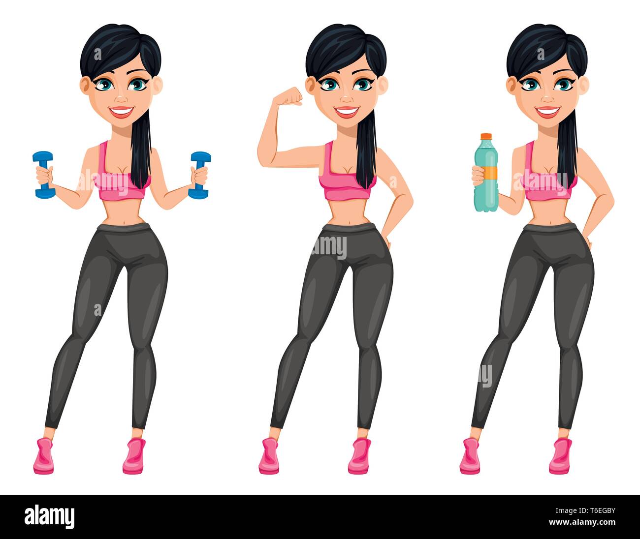 Abbastanza sportivo da donna attraente donna fitness, set di tre pose. Allegro personaggio dei fumetti holding manubri, mostrando bicipite e tenendo una bottiglia di Illustrazione Vettoriale