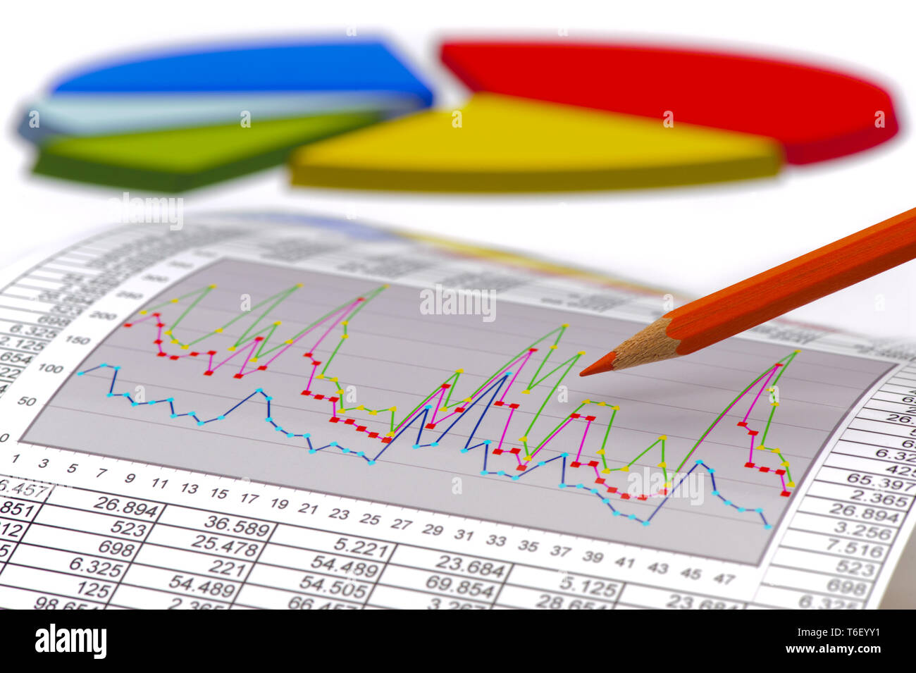 Matita posa su attività finanziarie grafico Foto Stock