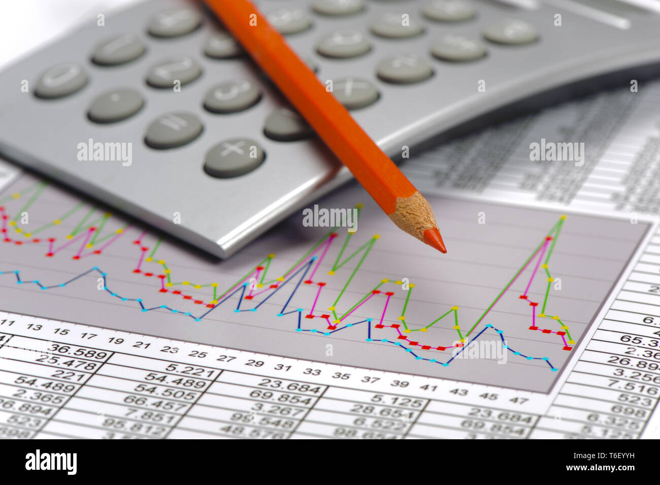 Calcolatrice e matita posa su attività finanziarie grafico Foto Stock