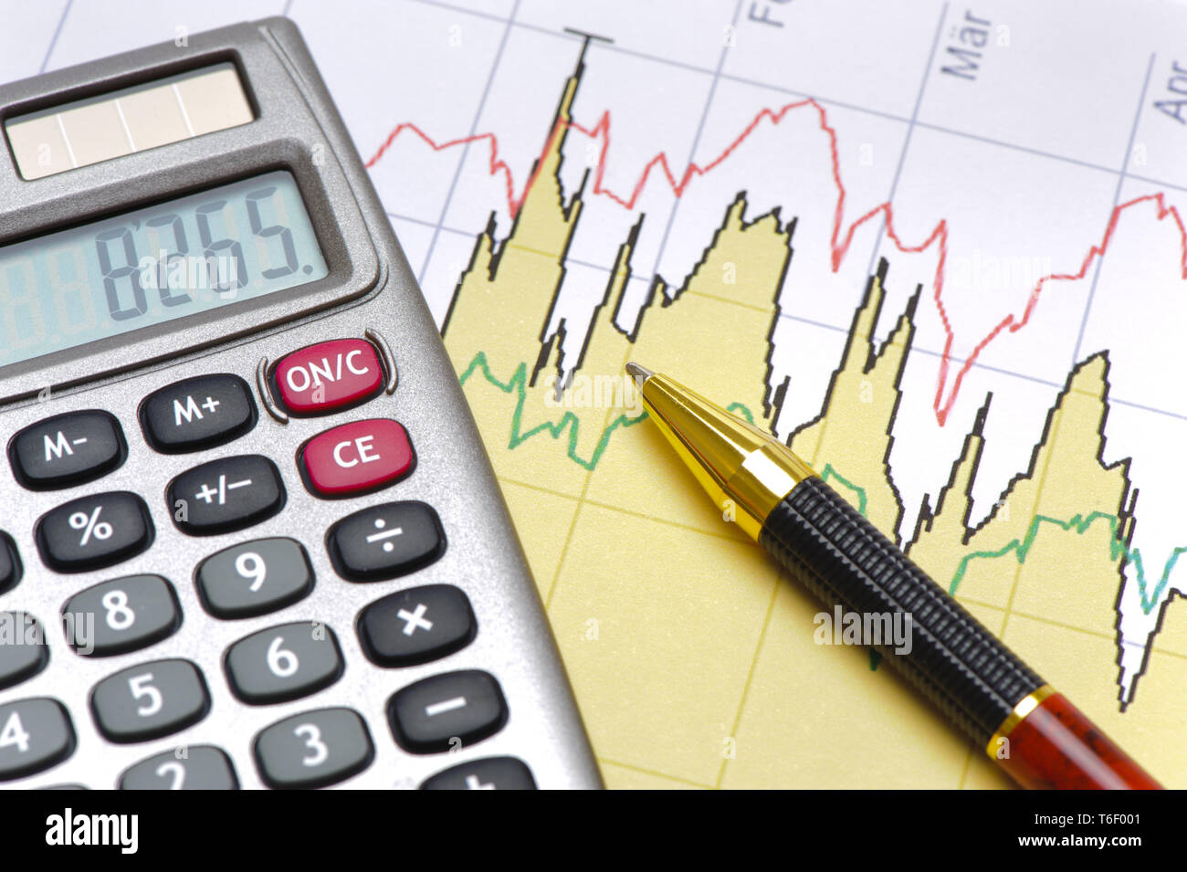 Calcolatrice e matita posa su attività finanziarie grafico Foto Stock