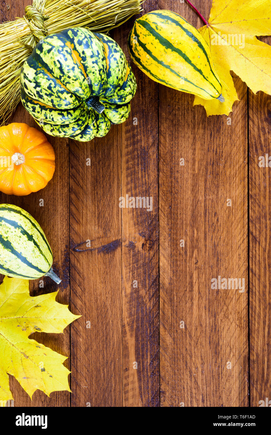Decorazione autunnale con zucca e foglie Foto Stock