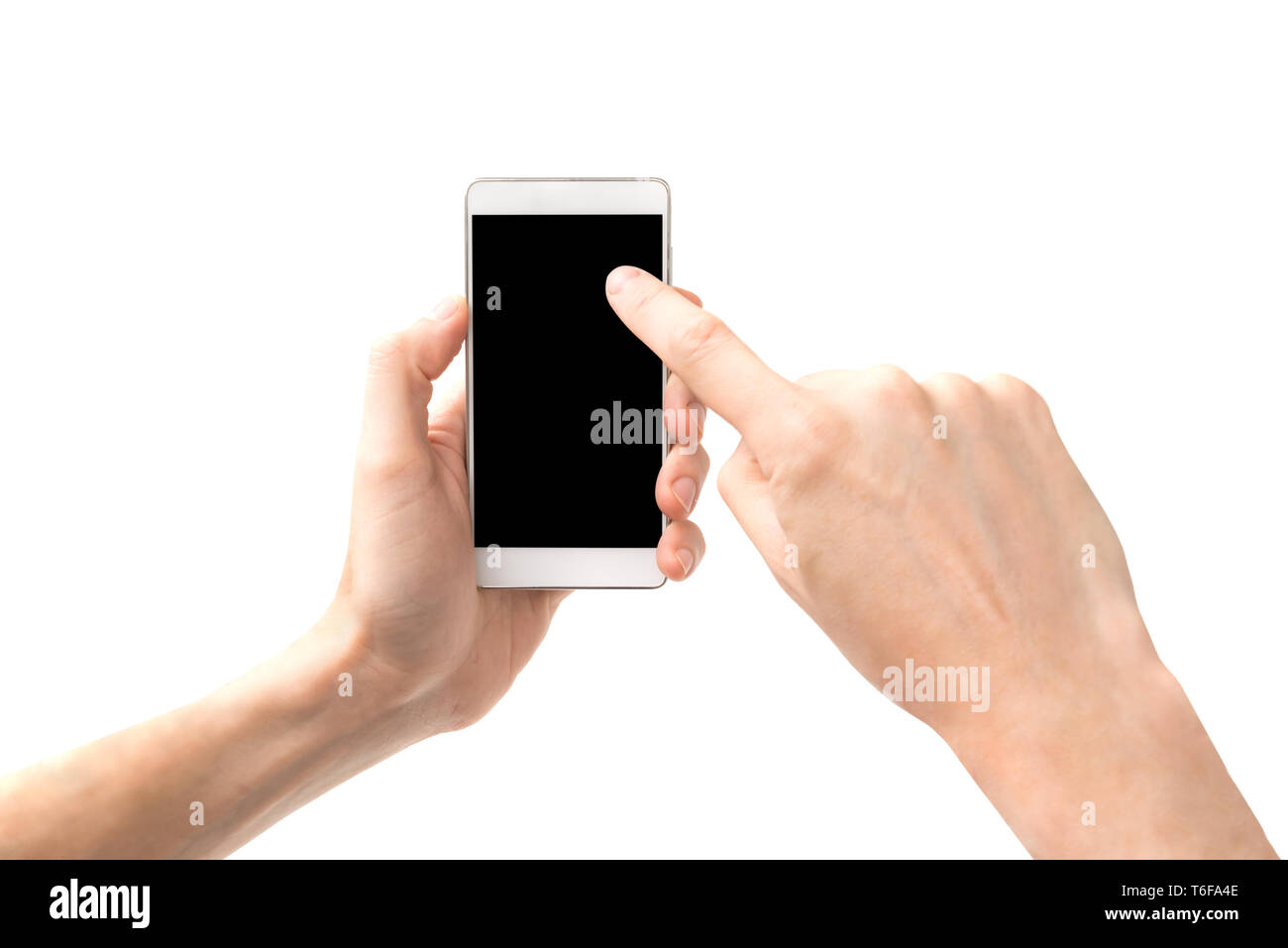 Mani toccano lo schermo dello smartphone Foto Stock