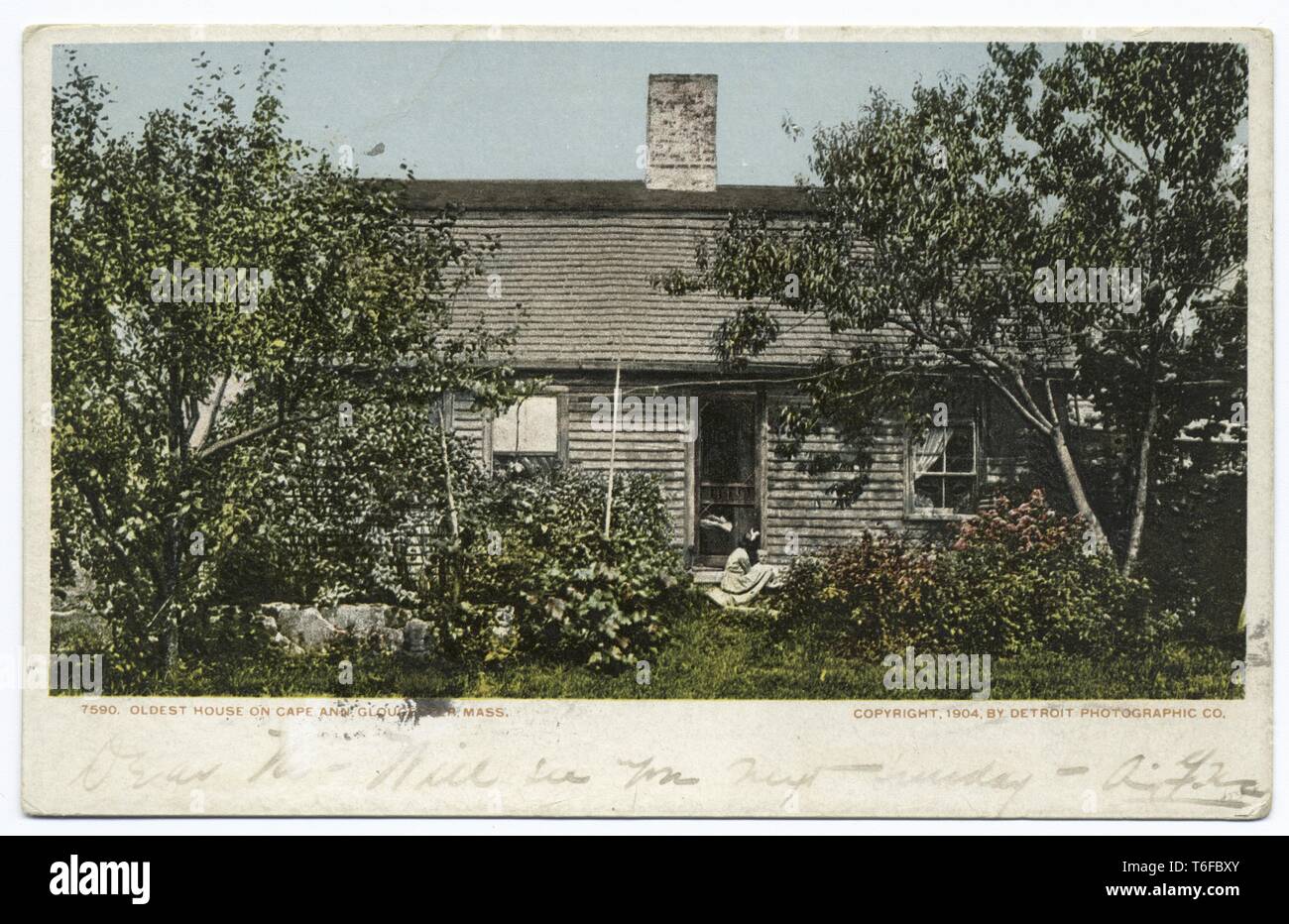 Detroit Publishing Company cartolina vintage riproduzione della più antica casa su Cape Ann in Gloucester, Massachusetts, 1914. Dalla Biblioteca Pubblica di New York. () Foto Stock