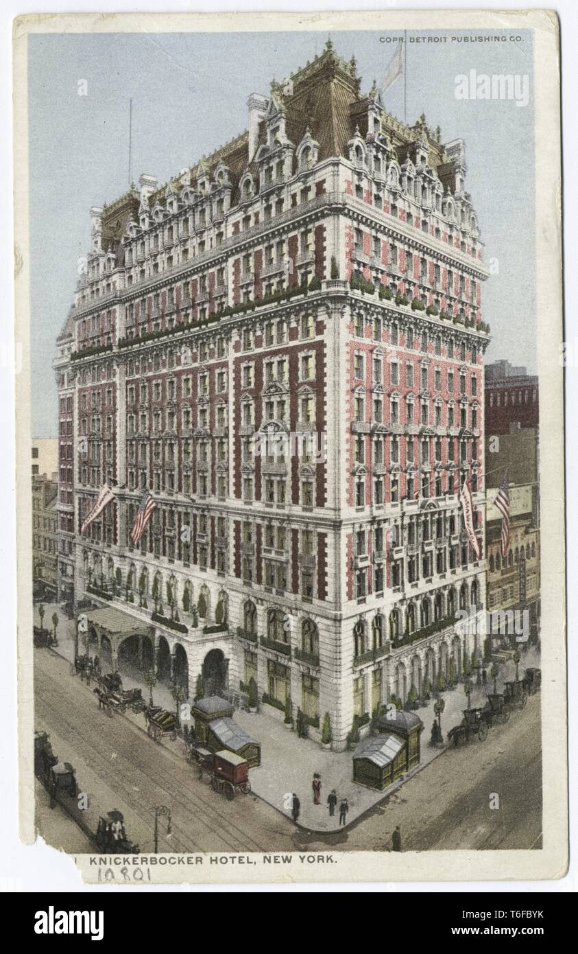Detroit Publishing Company cartolina vintage riproduzione del Kniccurbocker Hotel all'angolo di Broadway e 42nd Street, Manhattan, New York, 1914. Dalla Biblioteca Pubblica di New York. () Foto Stock