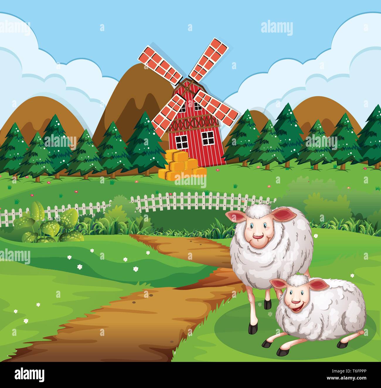Pecora su un percorso nei pressi di una fattoria illustrazione Illustrazione Vettoriale