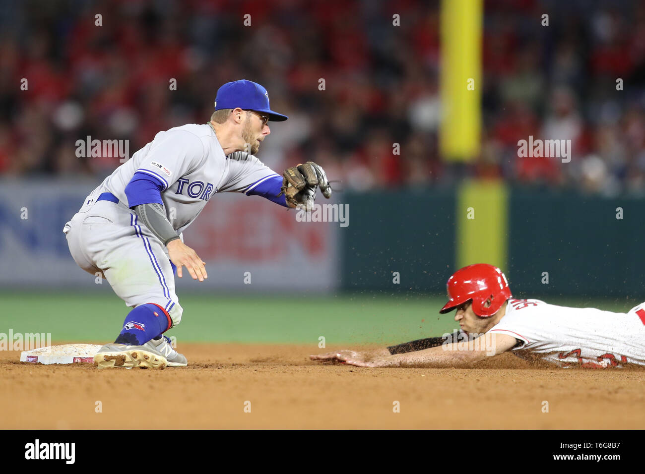 Los Angeles, Stati Uniti d'America. Aprile 30, 2019: Toronto Blue Jays secondo baseman Eric Sogard (5) tenta di ottenere il tag su Los Angeles Angeli shorstop Andrelton Simmons (2) come Simmons ruba secondo durante il gioco tra il Toronto Blue Jays e il Los Angeles gli angeli di Anaheim presso Angel Stadium di Anaheim, CA, (foto di Peter Joneleit, Cal Sport Media) Credito: Cal Sport Media/Alamy Live News Foto Stock