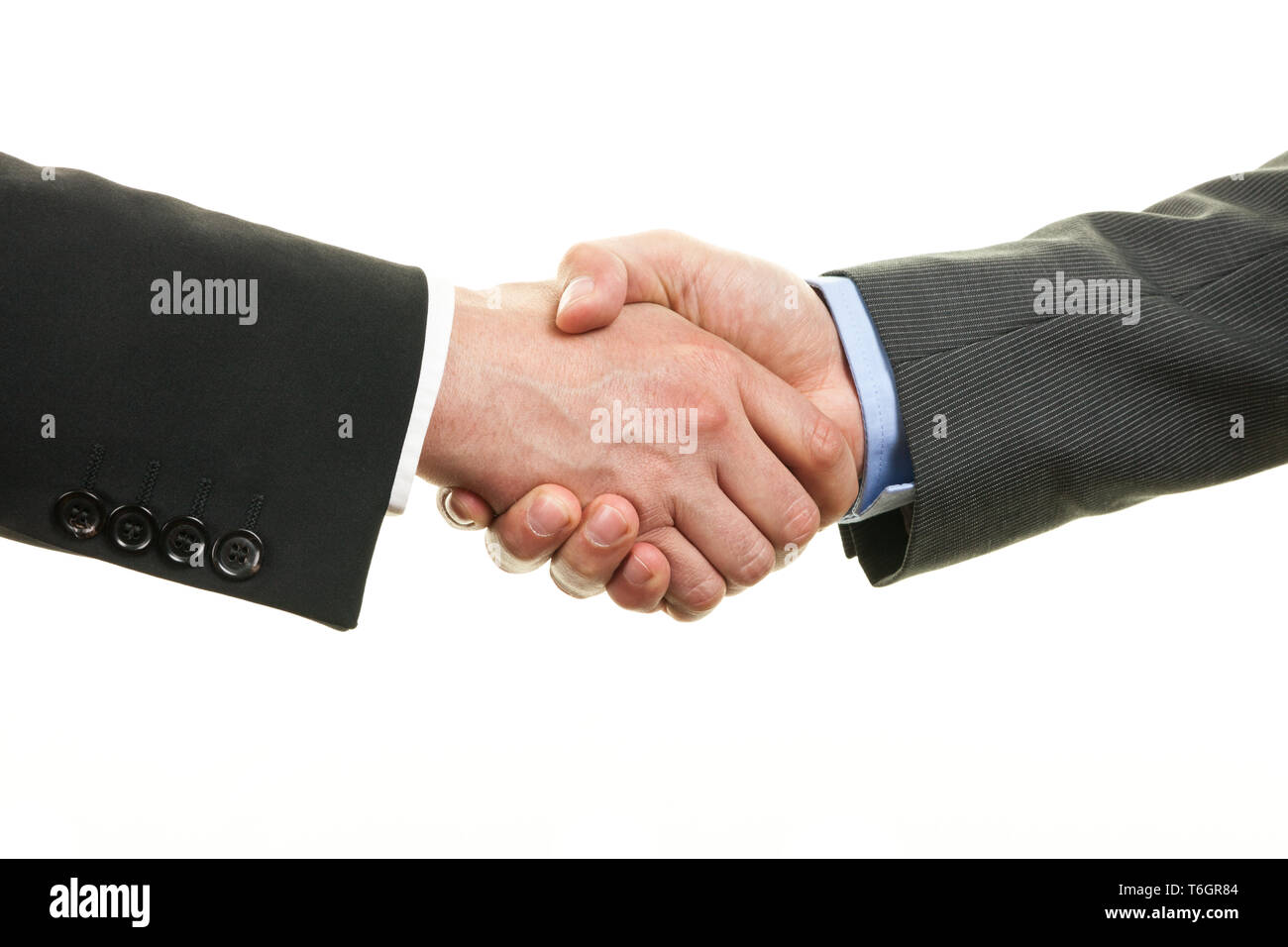 Due proprietari stringono le mani isolati su sfondo bianco Foto Stock