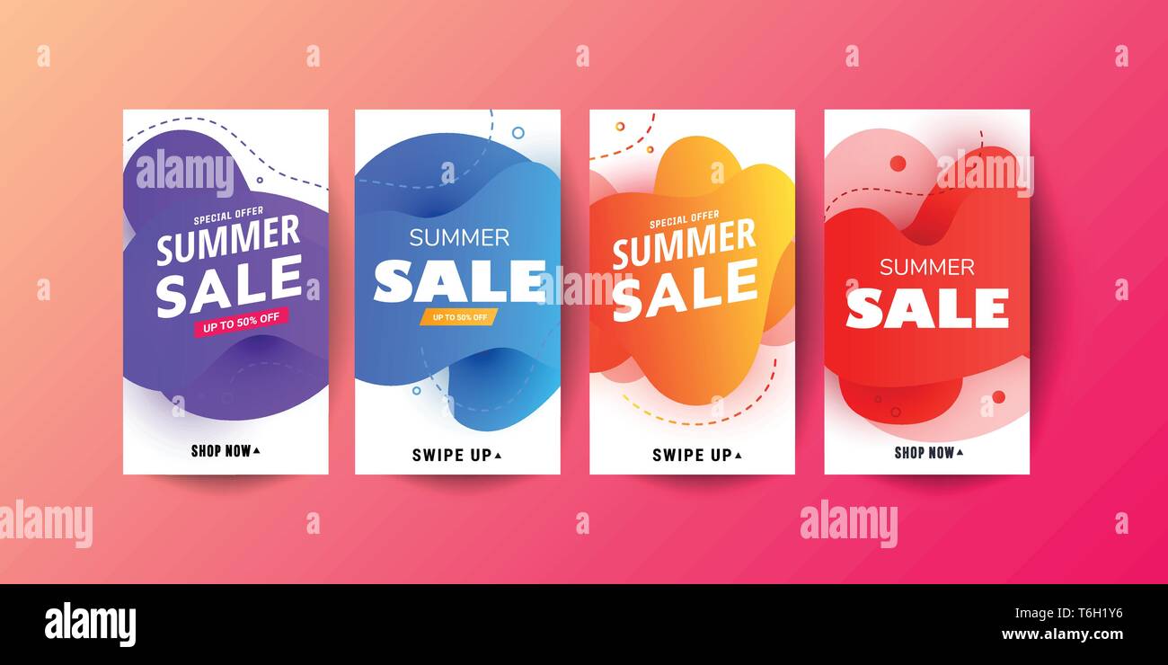 Storia moderna Promo mobile fluida Vendita banner. Vendita banner template design, grande vendita offerte speciali set Illustrazione Vettoriale