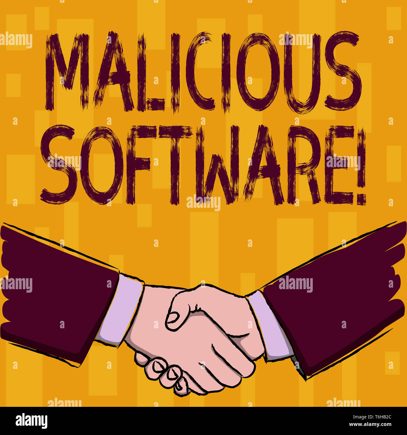 La scrittura della nota mostra il software dannoso. Il concetto di business per il software che porta il danno ad un sistema a calcolatore imprenditori stringono le mani sotto forma di GRE Foto Stock