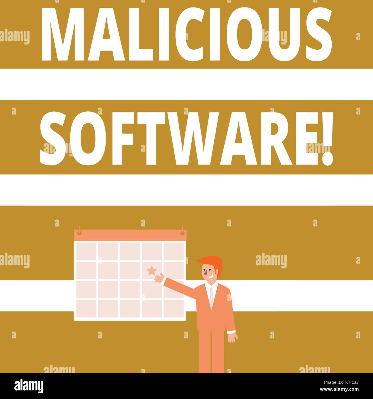 Mano concettuale che mostra la scrittura di software dannoso. Concetto significato il software che porta il danno a un sistema di computer imprenditore sorridente e Pointin Foto Stock