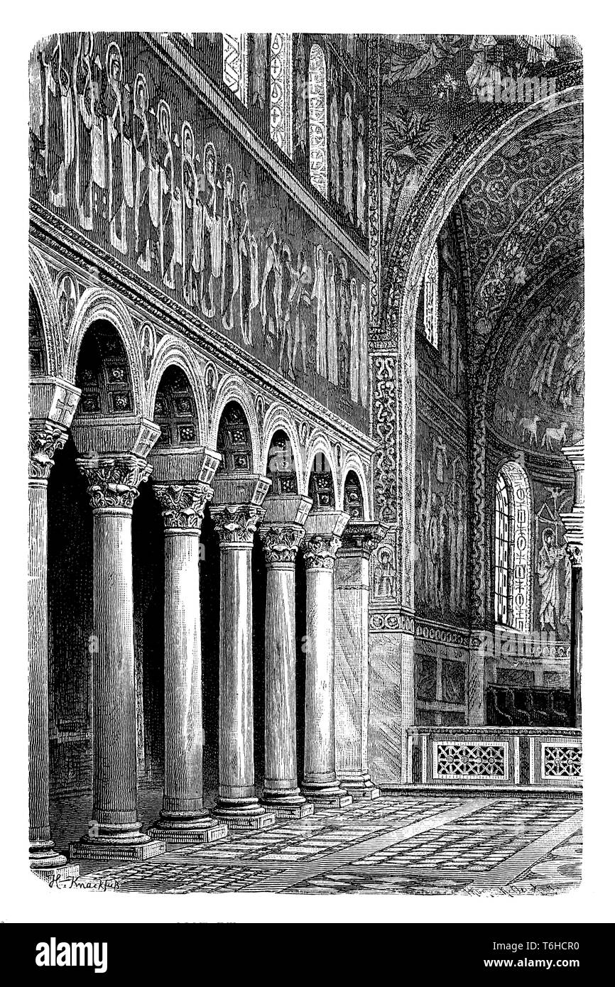 Interno della cattedrale di Ariano a Ravenna, ora S. Apollinare Nuovo, ricostruita da Theodorich intorno 500., H. Knackfuß 1899 Foto Stock