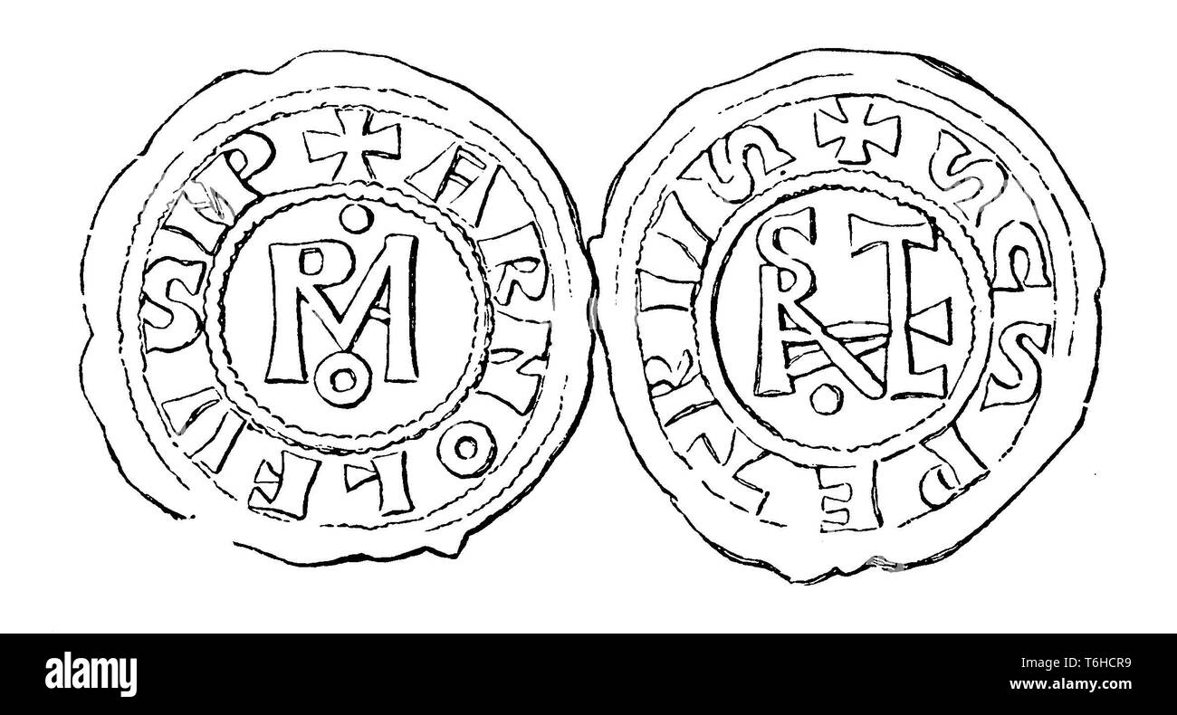 Monogramma Roma. Monogramma Stephanus. L'imperatore monete: Arnulf la moneta della Carinzia e Papa Stefano VI ('Arnolfus Imp. - Scts Petrus/'; solo Arnulf la moneta nel K. Münzkabinet a Berlino. Coniate in Roma.'), 1899 Foto Stock