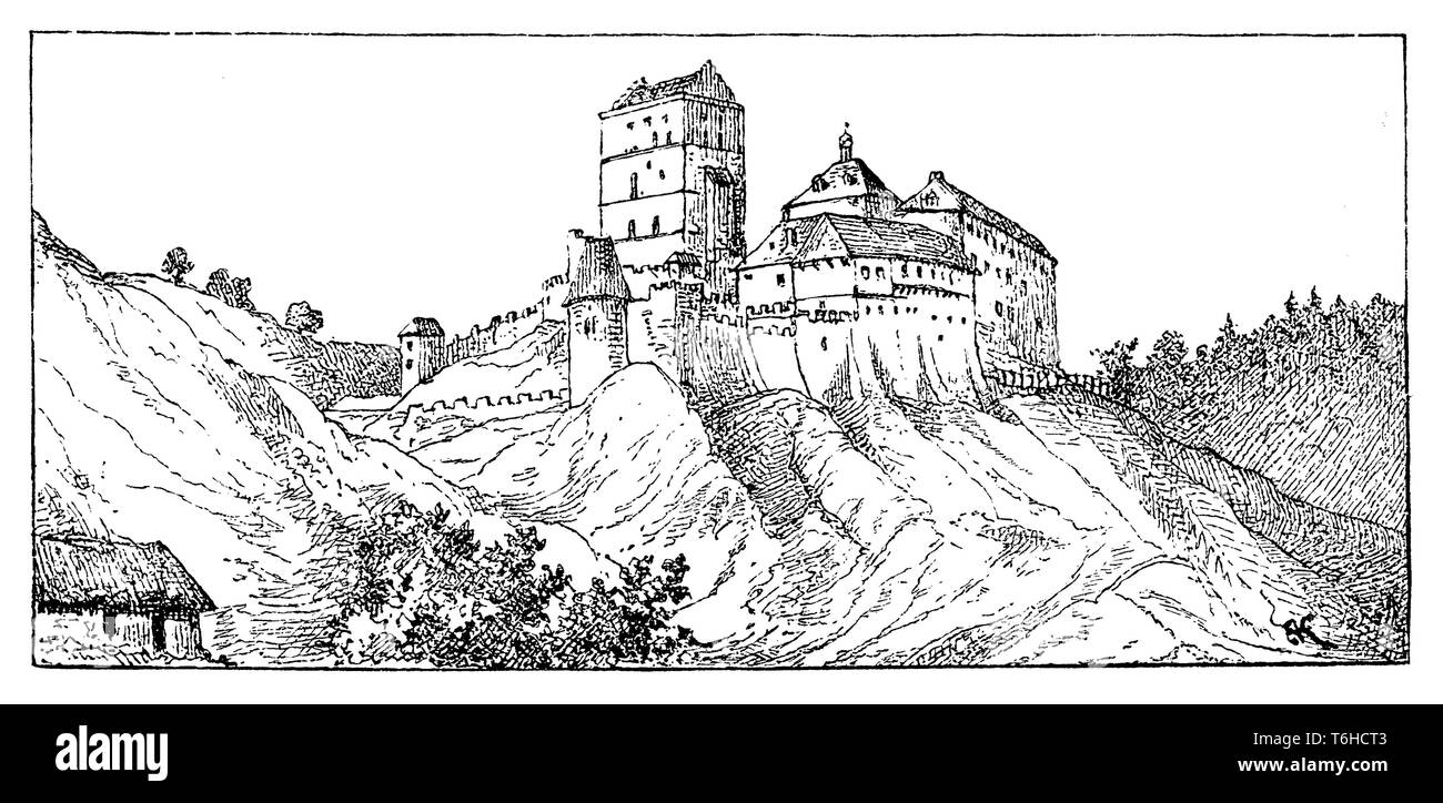 Vecchia illustrazione del castello di Karlstein in Boemia, preferito la sede e il luogo di magazzinaggio dei gioielli imperiali di Carlo IV, 1899 Foto Stock