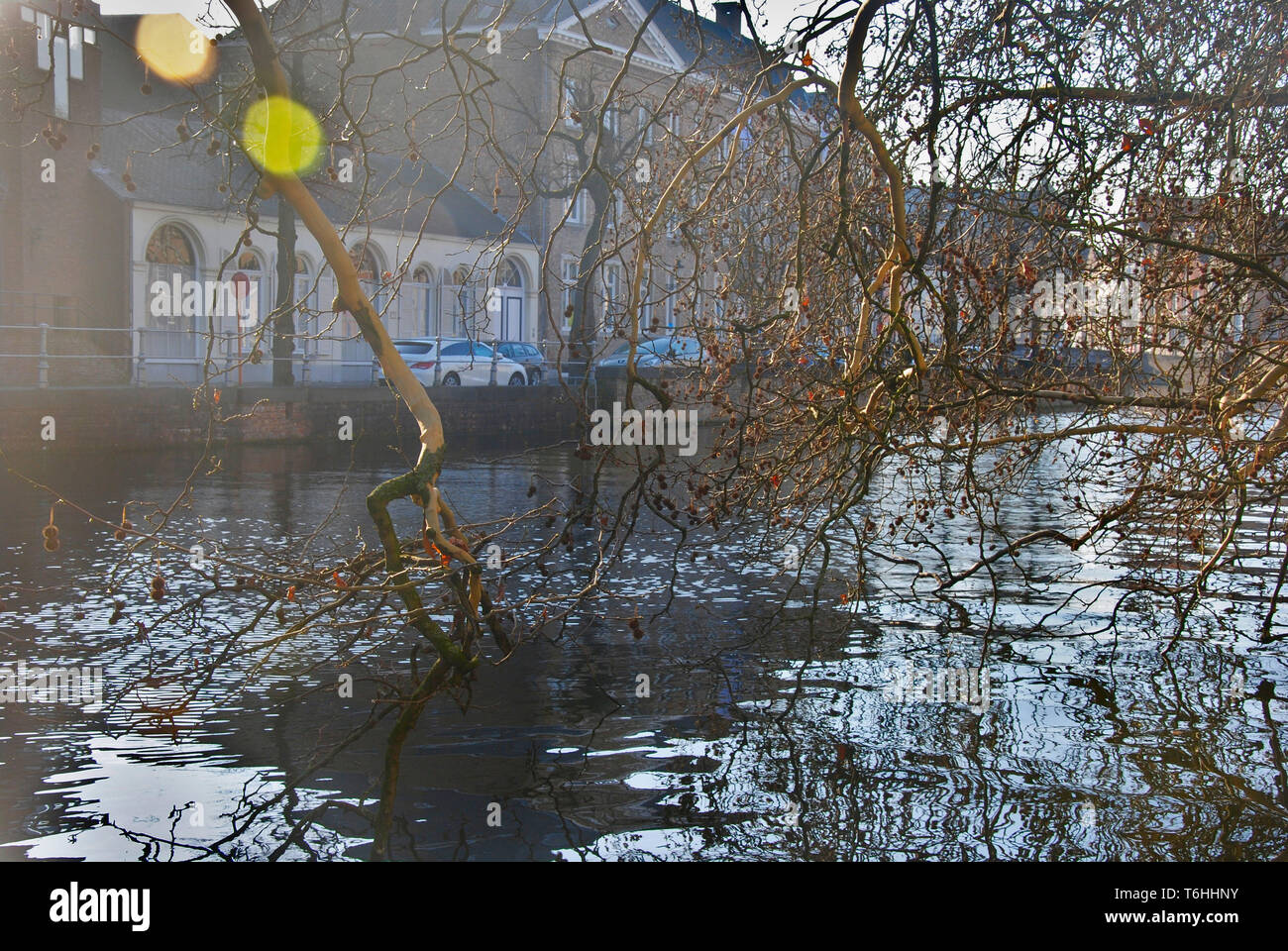 Case vicino i canali del fiume Reie a Bruges. Bruges è una meravigliosa e romantica città in Belgio, uno dei paesi del Benelux in Europa. Foto Stock
