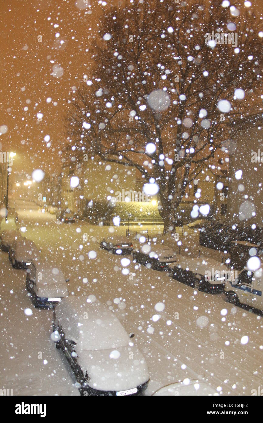 Strasse Inverno Nacht notte Schnee neve nevicare schneien Dark Dunkelheit Blitzlicht Momentaufnahme Foto Stock