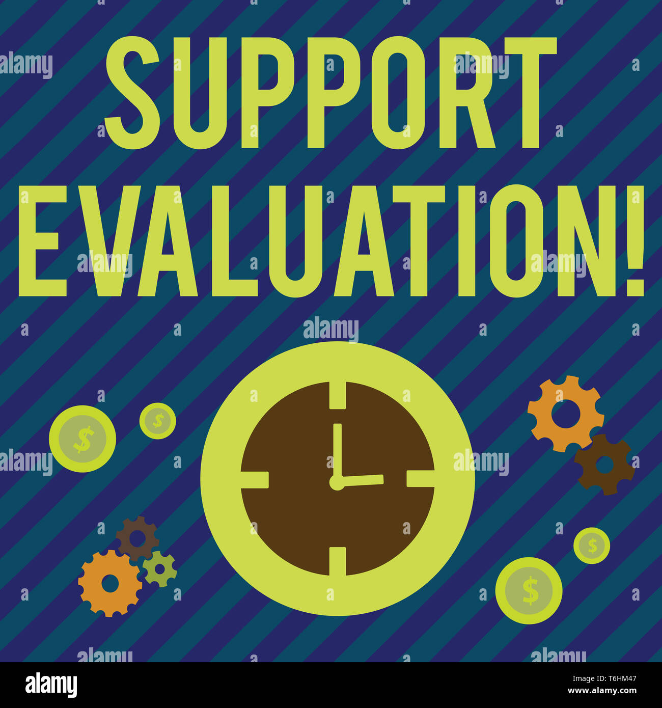 Segno di testo che mostra il supporto di valutazione. Business photo vetrina per assistere processo che esamina criticamente un programma di gestione del tempo icone di orologio, C Foto Stock