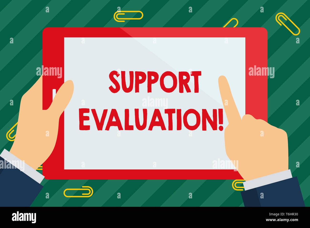 Parola di scrittura di testo supportano valutazione. Business photo vetrina per assistere processo che esamina criticamente un programma proprietario mano azienda, Pointin Foto Stock