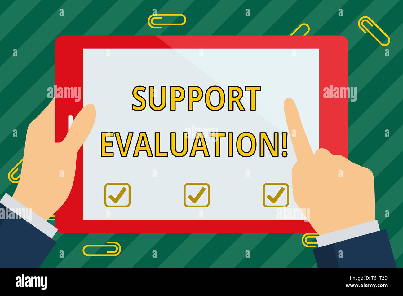 Parola di scrittura di testo supportano valutazione. Business photo vetrina per assistere processo che esamina criticamente un programma mano azienda puntando toccando Bl Foto Stock