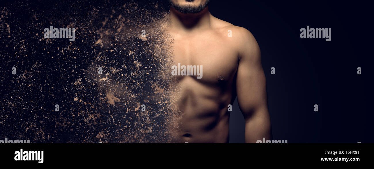 Costruire il perfetto maschio muscolare il corpo superiore del concetto. Effetto di dispersione. Foto Stock
