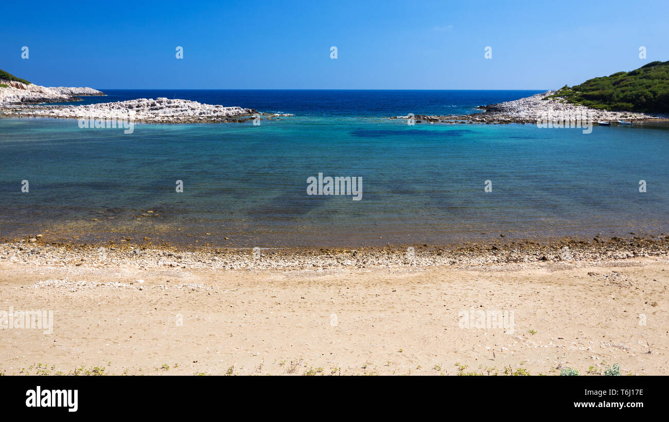 Laguna, baia di Blace (Lemuni). Spiaggia di sabbia. Saplunara. Isola di Mljet. Croazia. Europa. Foto Stock