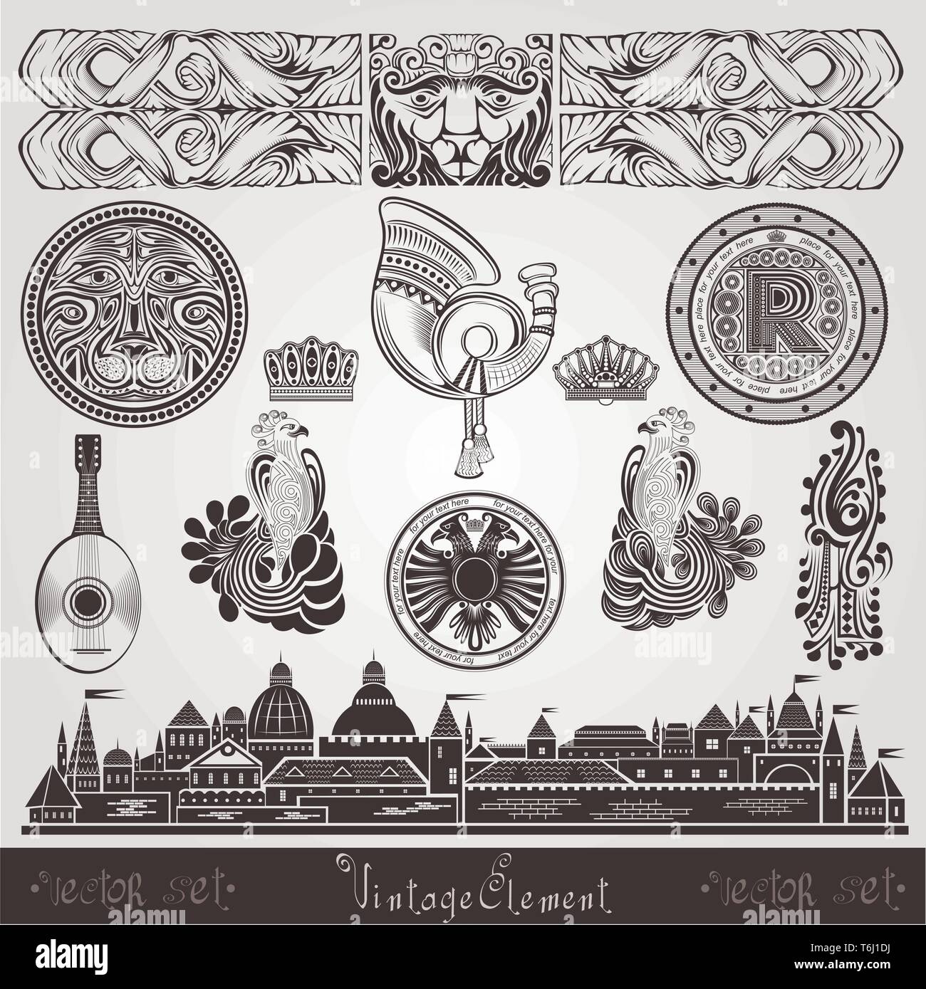 Set di elementi vintage, banner o etichette in stile di incisione Illustrazione Vettoriale