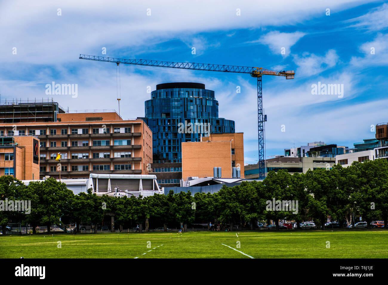 Edifici e una gru, vista dal parco Foto Stock