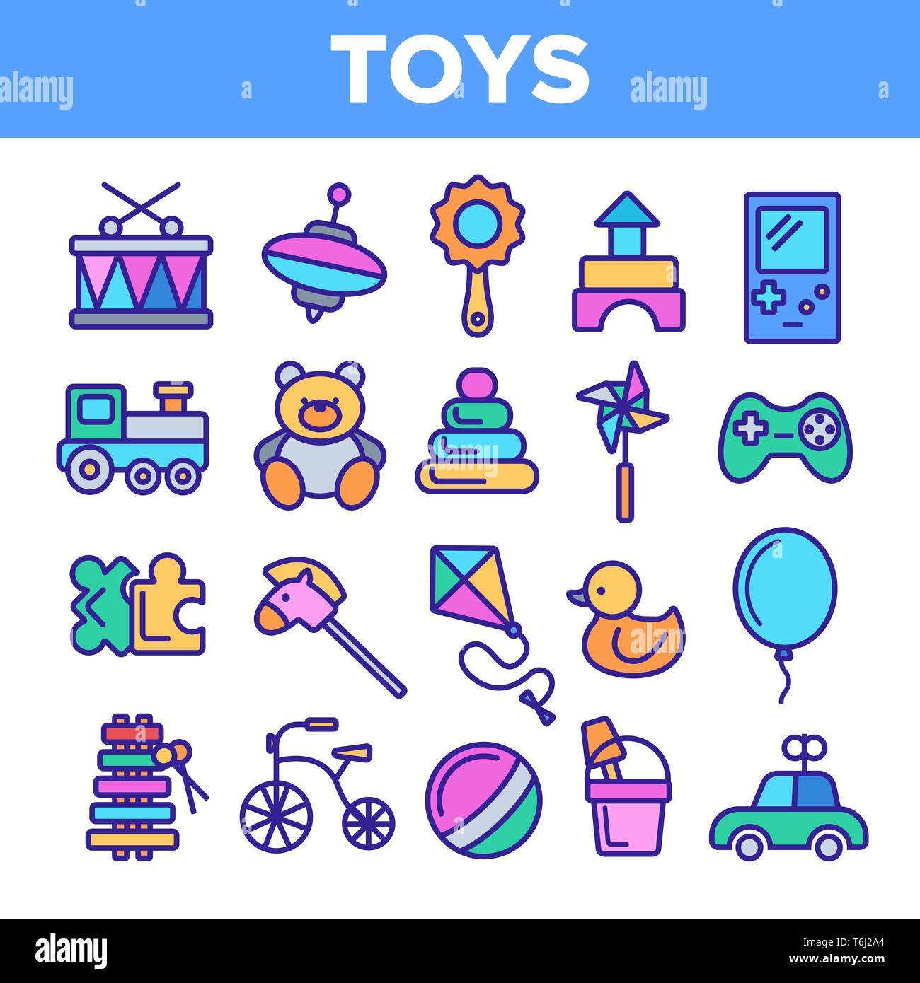 Giocattoli per i bambini di vettore lineare set di icone. Giocattoli linea sottile simboli di contorno Pack. Intrattenimento per bambini raccolta di pittogrammi. Baubles, giocattoli. Orsacchiotto di peluche Illustrazione Vettoriale