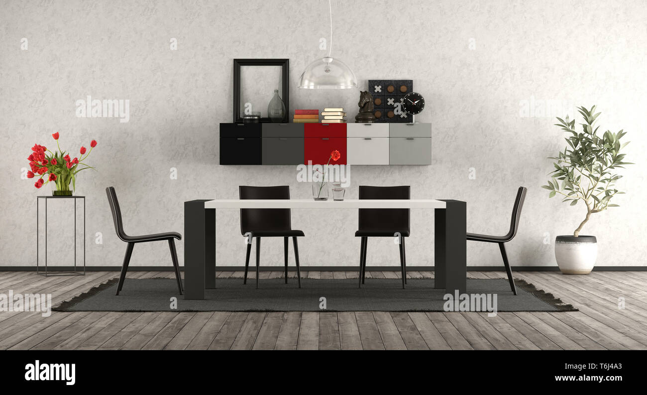 Moderna sala da pranzo con tavolo minimalista ,sedia e credenza sulla parete - 3d rendering Foto Stock