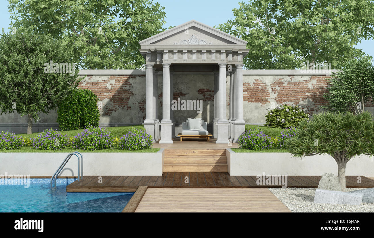 Giardino di lusso con sedia a sdraio sotto un piccolo tempio neoclassico e piscina - 3d rendering Foto Stock
